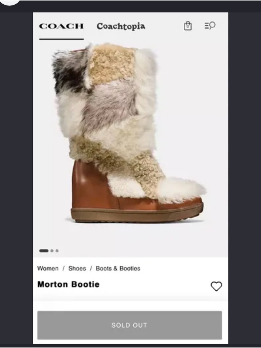 Coach Morton Bootie in Brown and Cream Patchwork Shearling